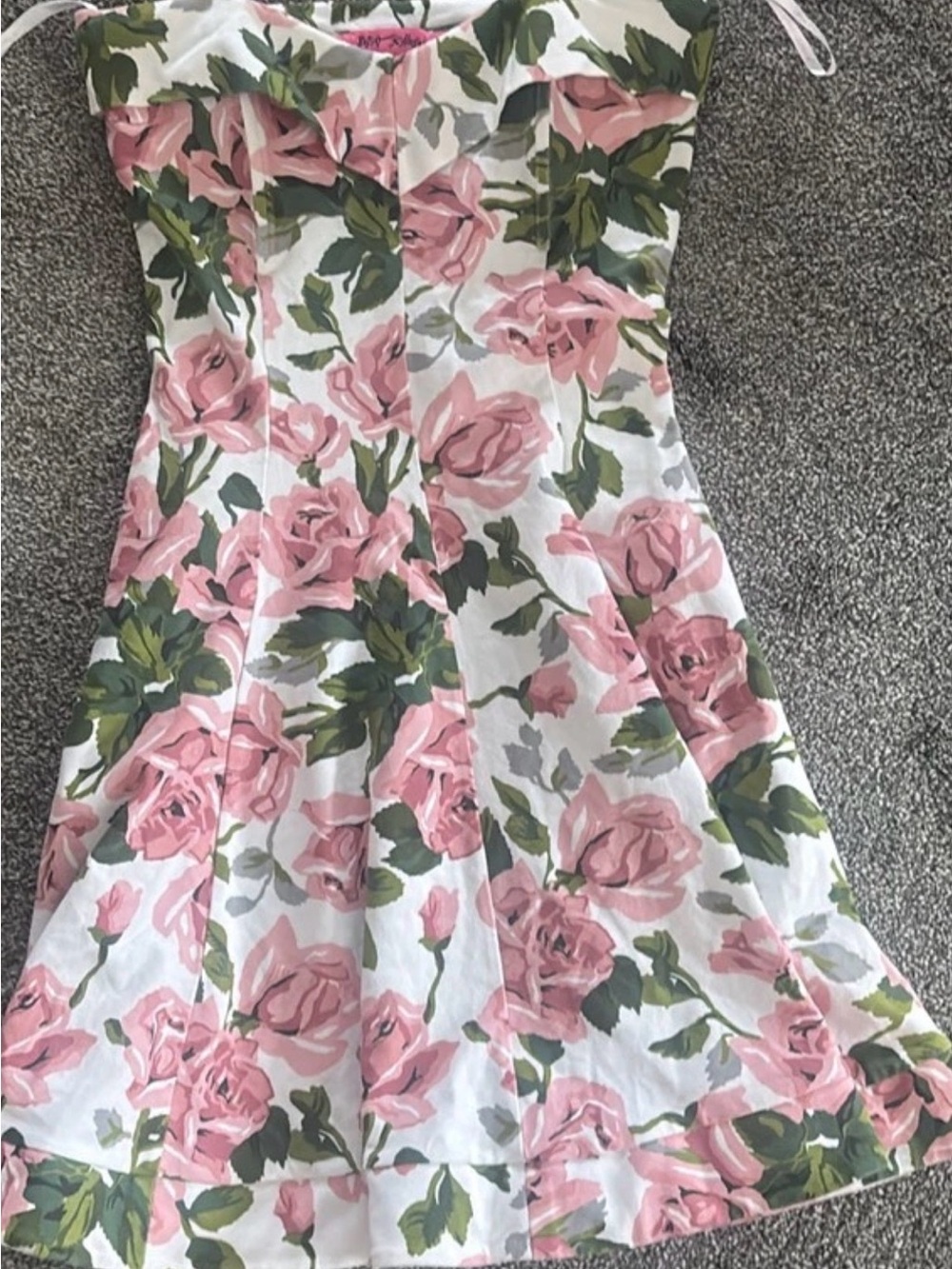 Betsey Johnson White Dress with Pink Rose Print and Green Leaves